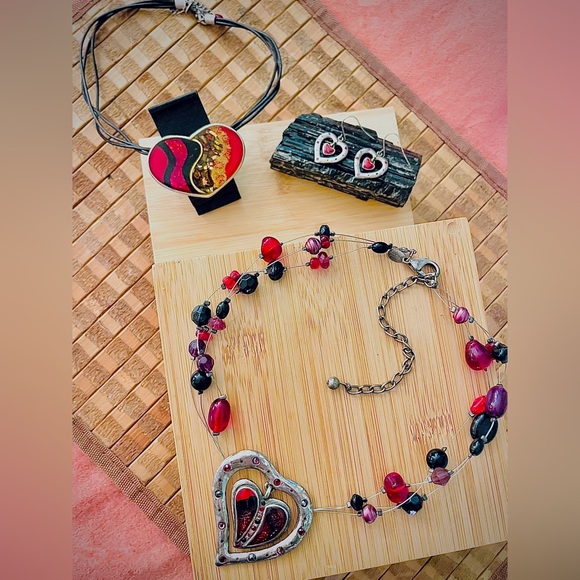 Chico's Jewelry - Chicos Red & Black Multi Strand Silver Heart Pendant Necklaces + Dangle Earrings